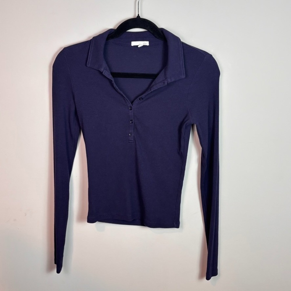 skin womens navy pima cotton ribbed long sleeve henley crop top sz 0 classic